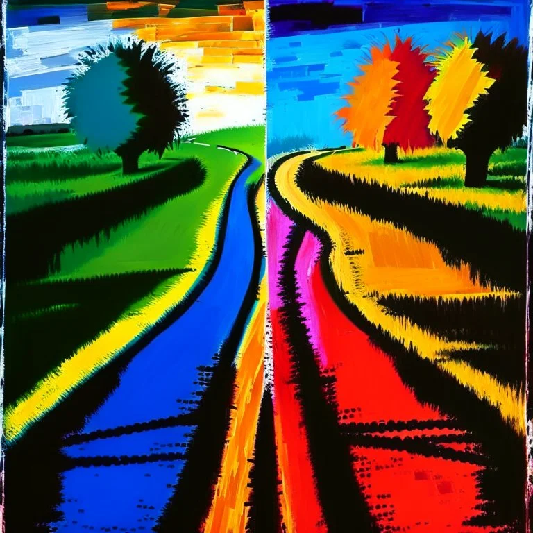 two roads diverged , art, oil colors, bright, picasso, masterpiece