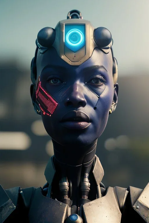 Beautiful portrait of african robot, post-apocalypse cybernetic in a cyberpunk city, sci-fi fantasy style, 8k,dark