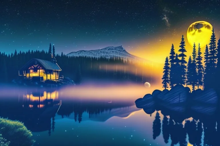 Night, moon, mist, cabin?, pine trees, lagoon reflection, rocks, rocks, sci-fi, epic