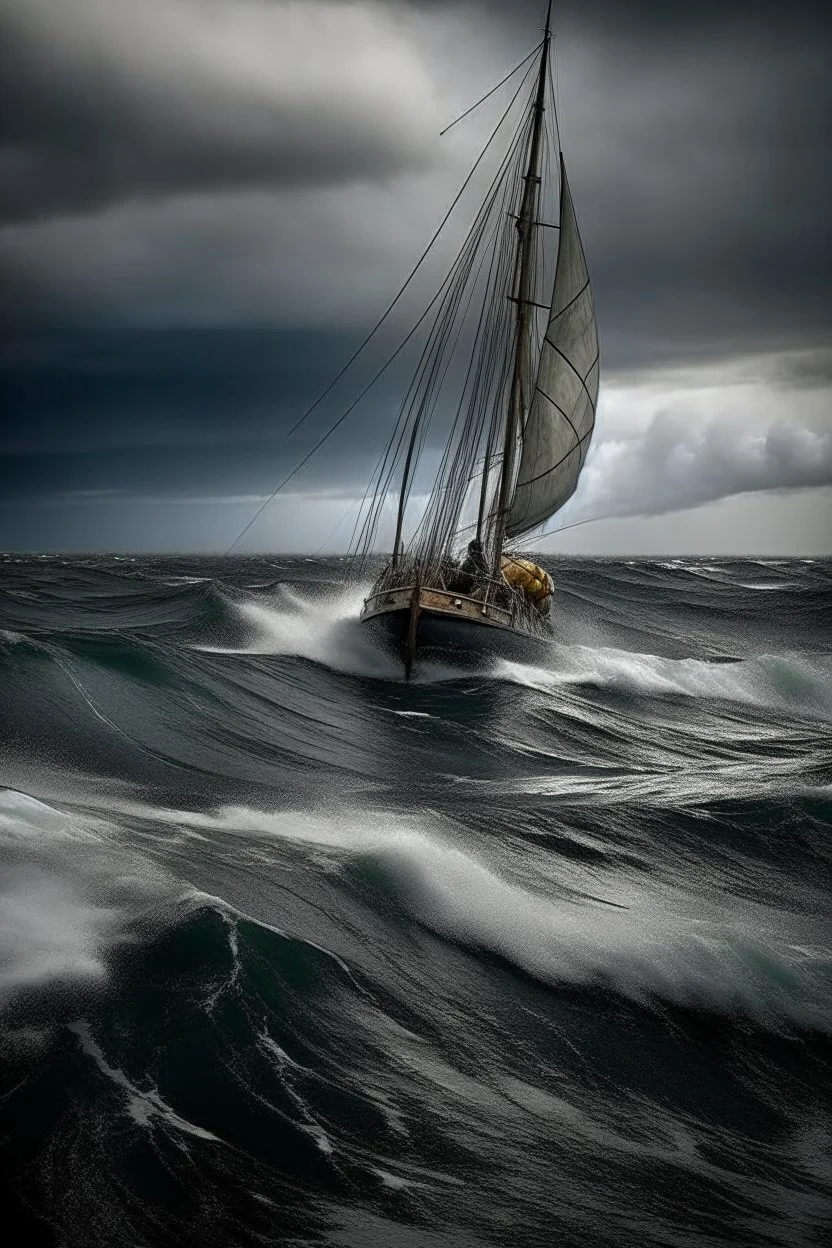 uun ancien grand bateau à voile, incliné de 45 degrés, dans un océan extrêmement agité avec de gigantesque vagues, et beaucoup de nuages gris avec une grosse tempête de pluie