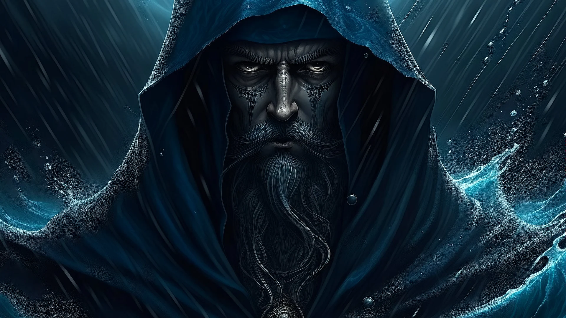 Create an ultra-realistic dark fantasy "Lord of the Ocean of Tears" vinyl record cover. The character is dressed in a cloak and has his face covered with a hood.