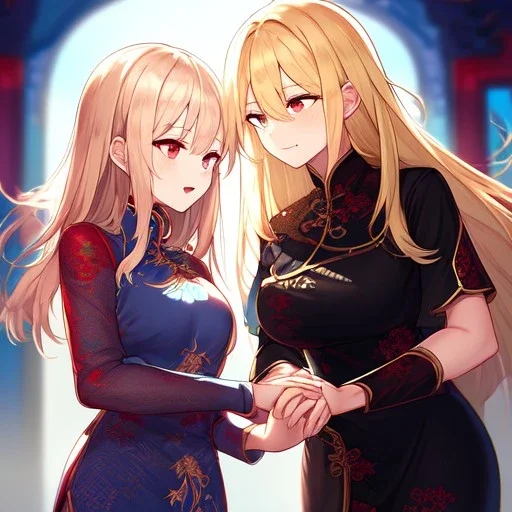 Clear focus,High resolution, 2girls, black long hair, Vibrant red eyes, Emo style, Wearing a Chinese Traditional dress, The other girl has blonde hair, and blue eyes, kawaii style, wearing a Chinese Traditional dress, Holding hands