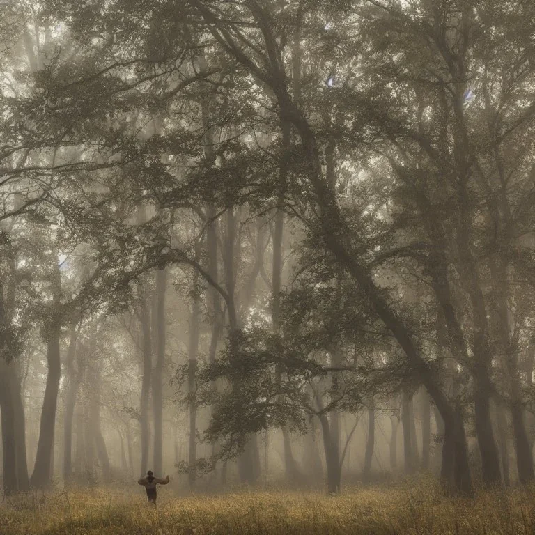 a floating old man in a misty forest in spring at sunrise with warm light rays, highly detailed, intricate, 8k, unreal engine, long shot, cinematic, vibrant, colorful, ultra high resolution