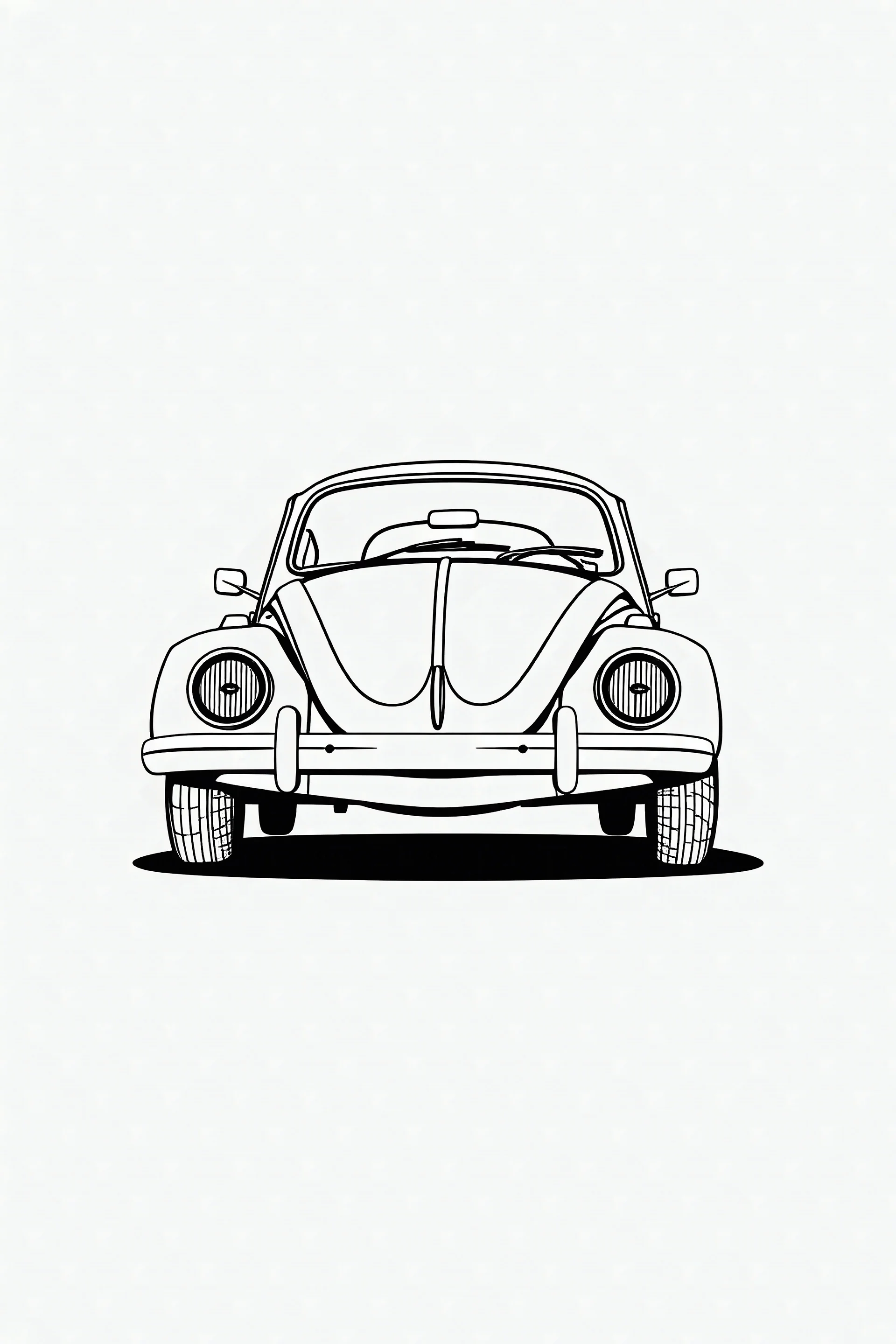 minimalist line art, vw beetle, vintage, against stark white background, thick ink outlines, 3D view, no shading, black and white, full size image, sports car,