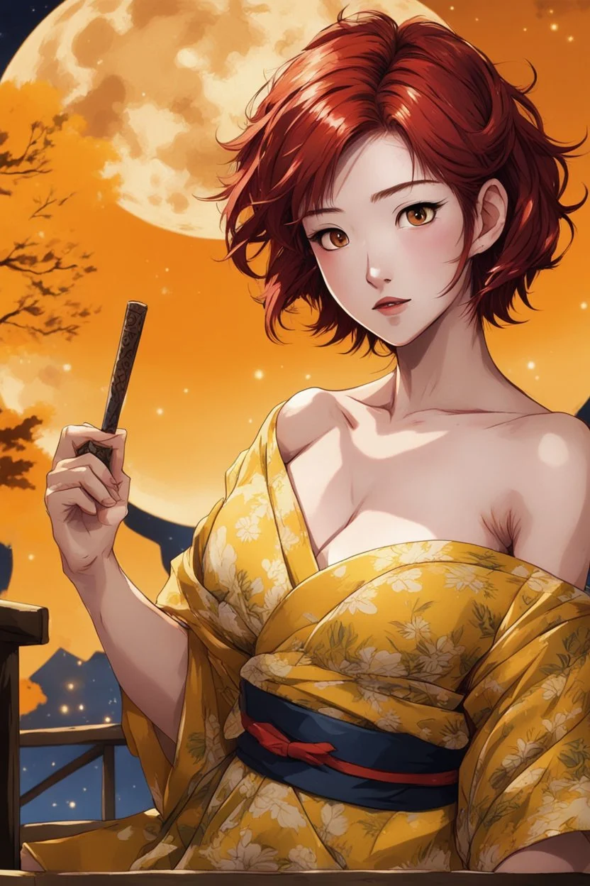 (Asian), short hair, fiery red hair hair, yukata, yellow clothes, 8k, best quality, winking, very dark night time, lighting from moon yellow moon, perfect, masterpiece