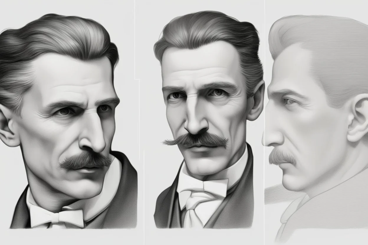 Nikola Tesla lifelike in the style of 3-d side view perpective