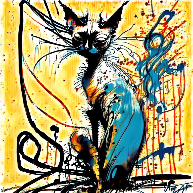 Siamese cat,enigmatic genius of Ralph Steadman. vivid images sprang forth, creating a surreal tapestry of emotions. inked lines danced with chaos and precision, capturing the essence the intensity and rawness of his art, the "Style of Loish" a symphony of colours and lines dancing upon the canvas and every stroke exuded a harmonious balance of elegance and vibrancy.