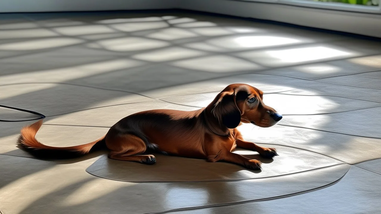 The dachshund, curled up like a spiral on a grey cushion, and her owner, barefoot on the concrete floor, shared a moment of pause in front of a huge canvas; both, in silence, seemed to be part of the same creative act.