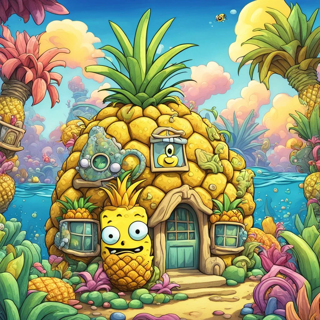 Spongebob TV Show Cartoon iconic still of a Pineapple House under the sea, cartoon art, colorful, detailed illustration