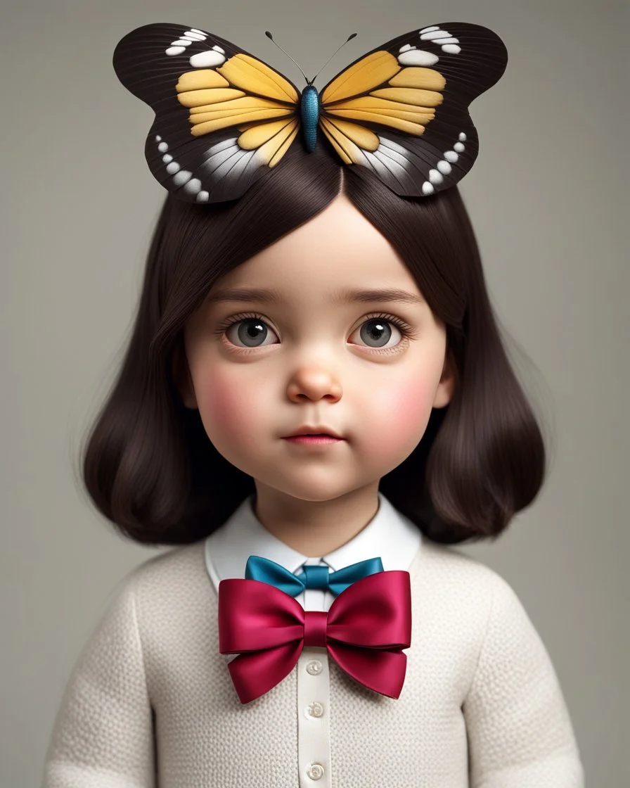 3D. Hyperrealistic photograph of Mafalda in real life, with a bowtie or butterfly type bow on her head. Straight hair. (((Whole body)))