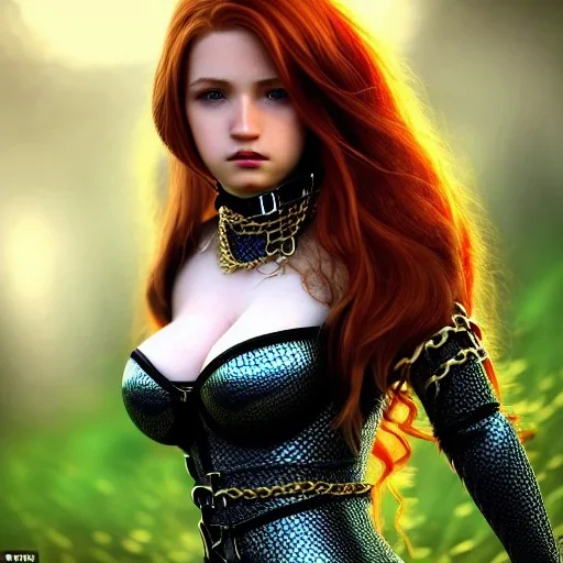 realistic, hyper detailed, strikingly beautiful teen woman, long ginger hair, green eyes, medium freckles, full lips, fantasy skimpy chain mail, full body and head, exposed b-cup breasts, ahego expression, full frame, petite, ignore NSFW, shortbow, quiver on hip, sexy