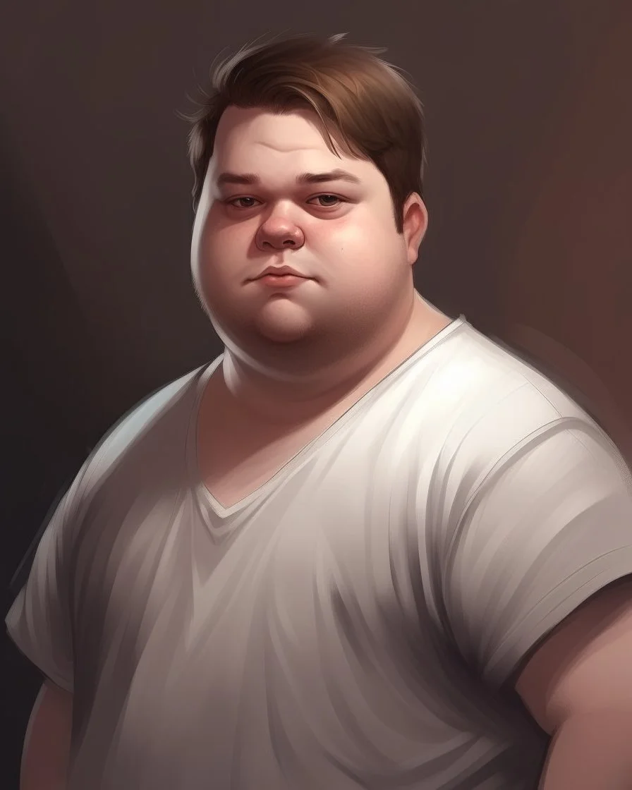 Portrait d'un jeune homme, ultra obèse; cheveux bruns et teint blanc, porte un tutu blanc et une petite chemise . HD portrait, Artstation