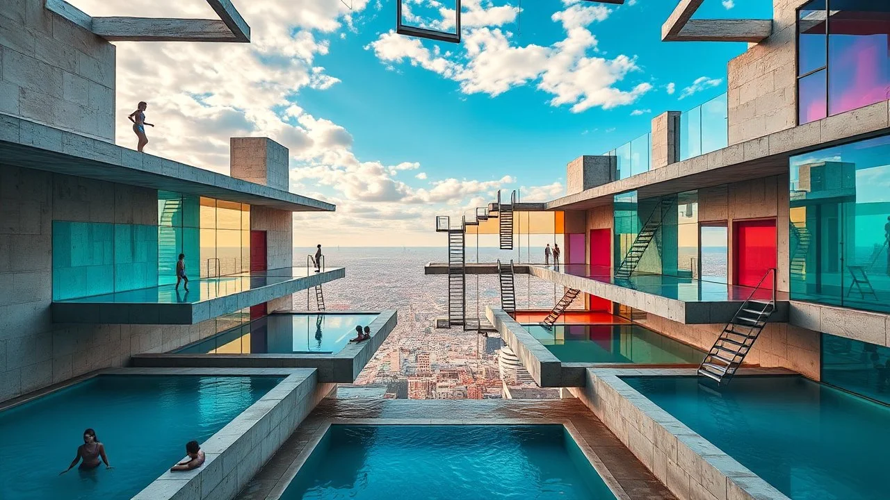 deconstructed architectural complex with primary colored pools suspended at different spatial levels, concrete and glass fragments floating like unconnected islands around vibrant bodies of water, ethereal bathers whose silhouettes split and recompose as they move between dimensional fragments, fractured sky like broken stained glass where each piece shows a different time of day, impossible staircases connecting some pools while others remain isolated on their own plane of existence, cubist sur