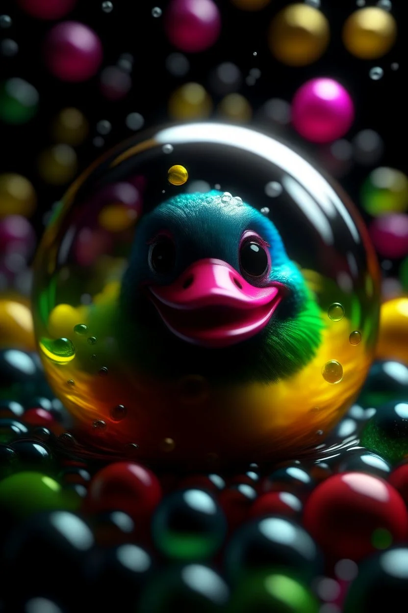 portrait of duck gorilla with a wicked smile inside a pile of transparent jelly bubbles of weird colors with insect aliens inside, disco egg made of small mirror, light rayz, feast table ,shot on Hasselblad h6d-400c, zeiss prime lens, bokeh like f/0.8, tilt-shift lens 8k, high detail, smooth render, down-light, unreal engine, prize winning