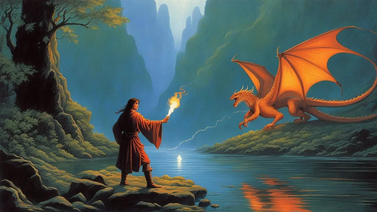 in a river there is a magic orb full of dragon fire. fantasy setting. . painted by Michael whelan