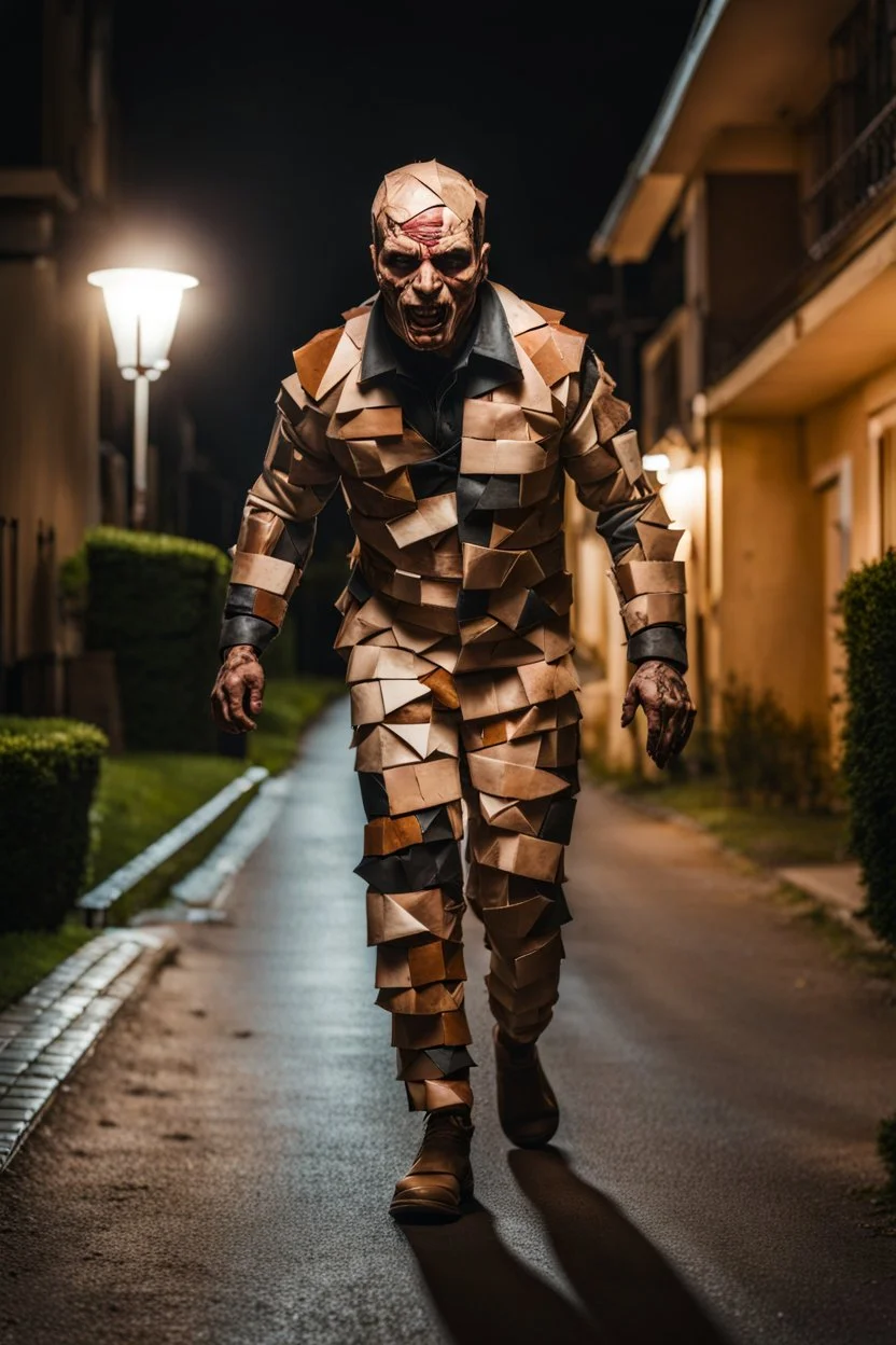 a demon dressed in a human body patchwork sewn of big pieces of skin colored human skin. walking in a nice residential area at night. scary. terrifying. intense horror.