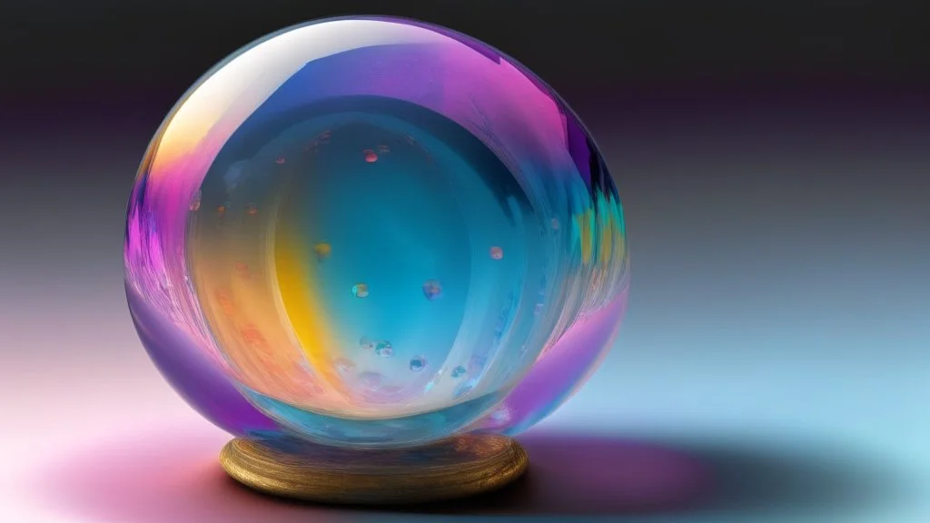 A crystal ball to look into the future, pink, dark blue, orange, yellow, aqua blue, very detailed and realistic