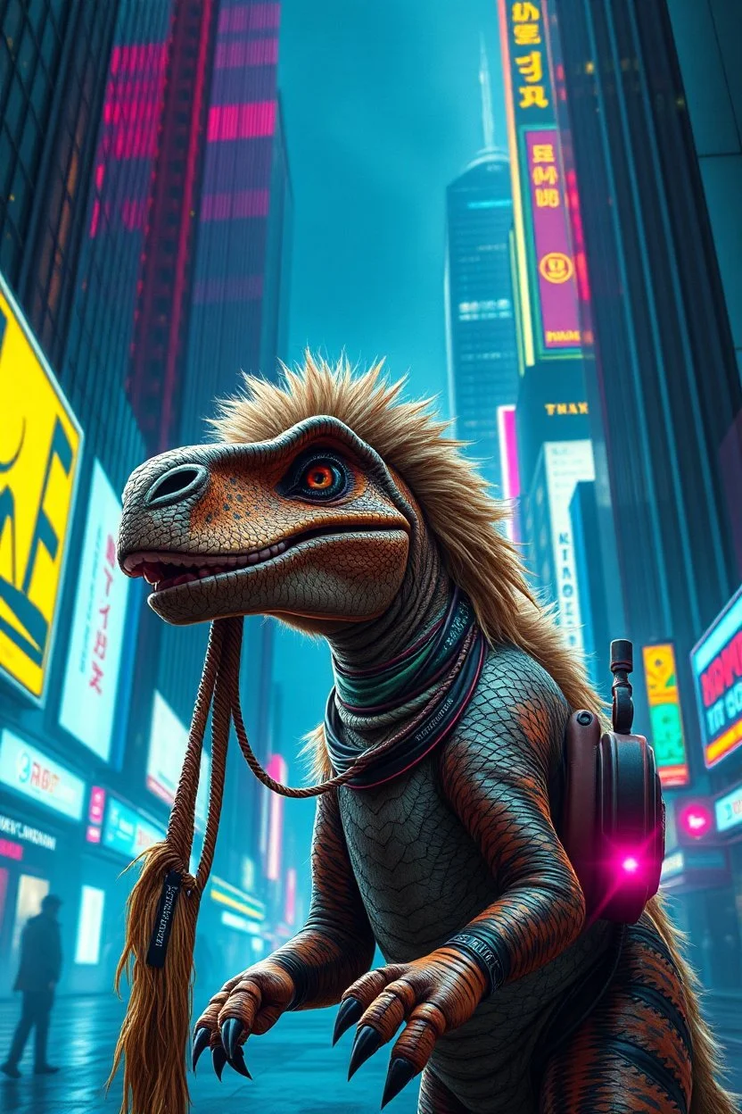 cyberpunk dinosaur weasel rasta man with cute fur, in big cyberpunk city