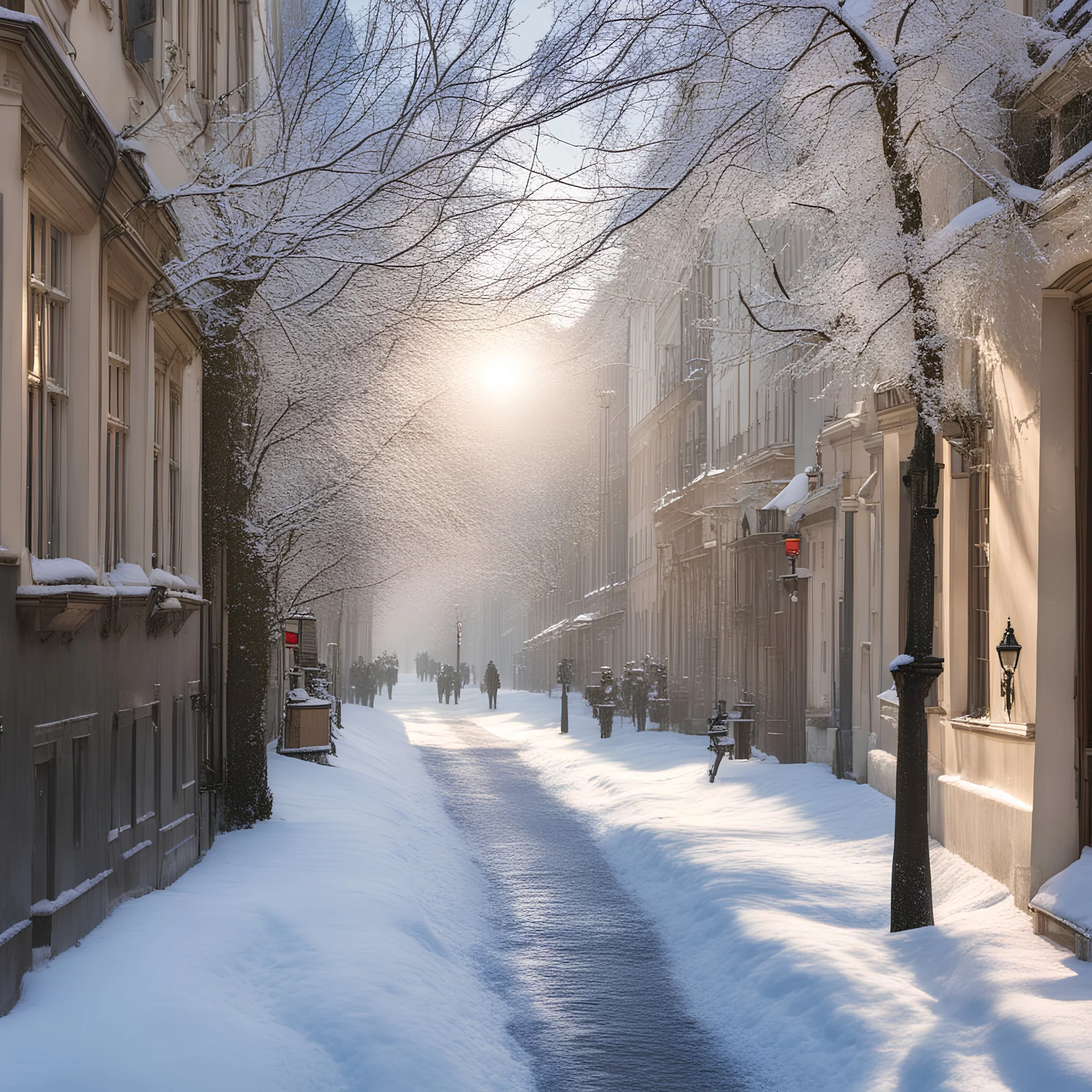 snow in Vienna, old street, sunshine