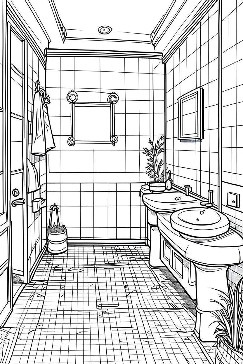 Outline art, house interior design, bathroom with toilet and shawer, no shading, no lines, cartoon style, --ar 9:11