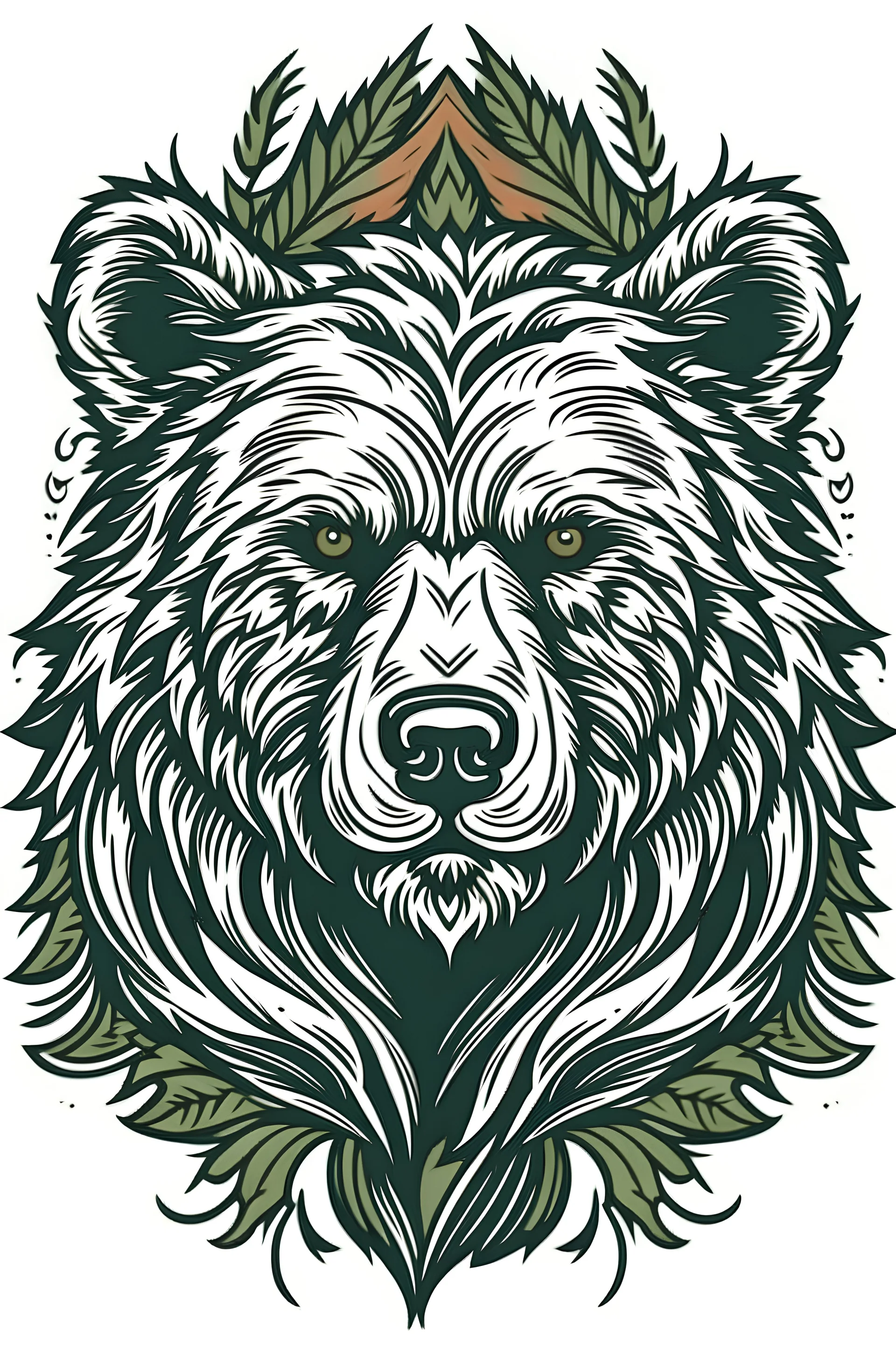 Drawing for the logo. Green brutal bear with a spruce forest on his head