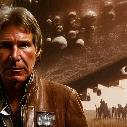 8k hyperspace background,complete and photo realistic detailed head to waist stunning, extrem photo realistic portrait of harrison ford as han solo in star wars with short lenght, photo realistic hair, brown eyes, professional majestic photo realistic painting by drew struzan, trending on artstation, Intricate, Sharp focus, rough skin,space outfit