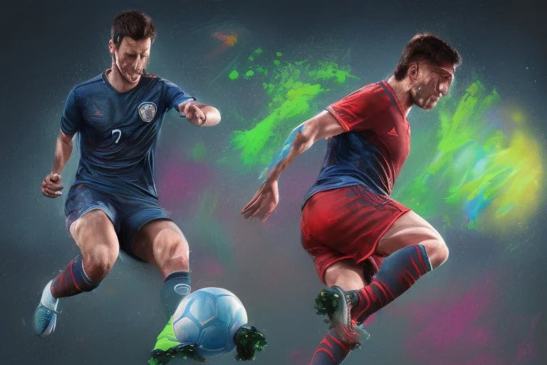 Oil painting, full body of a soccer player, he is kicking the ball, the ball is flying, bright but not neon colours, dynamic lines, dynamic blobs, spots, lines in the background of the character, splash like a colour explosion