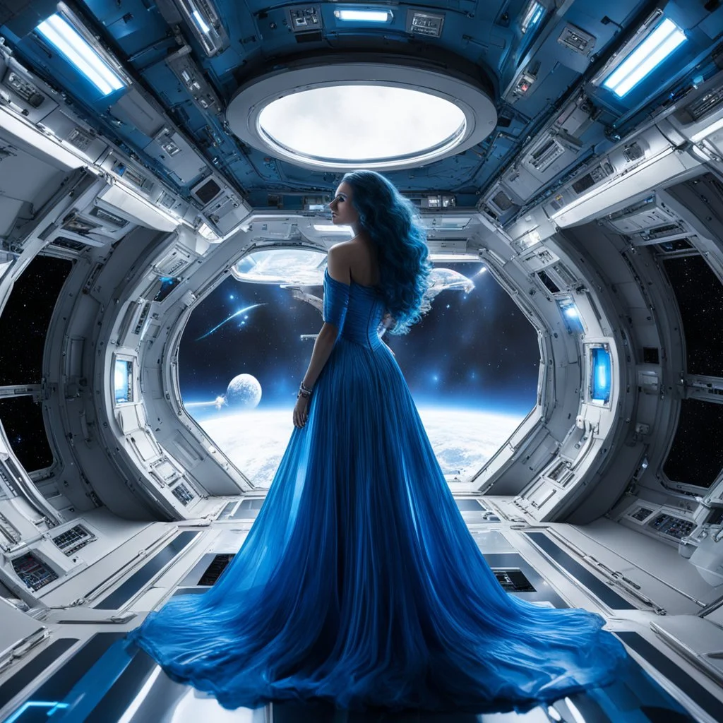 wide-angle photo of a woman in an electric blue dress, with long glowing blue wavy hair, on a space station with views into space