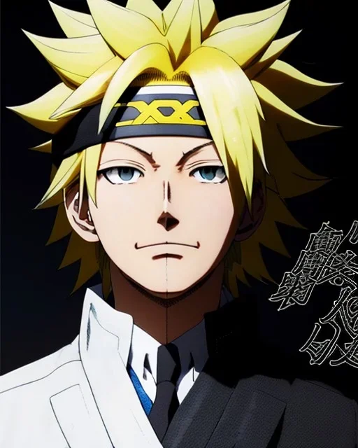 Detailed anime portrait of denki Kaminari my hero academia, yellow hair, black suit, intricate details, full body portrait, keep head in frame, slight smile, black Japanese motif, concept art, highly detailed, digital painting, concept art, sharp focus, illustration, art by Yoji Shinkawa, WLOP and greg rutkowski and alphonse mucha and artgerm and yanjun Chen and Junji ito and Makoto Shinkai, HDR, octane render