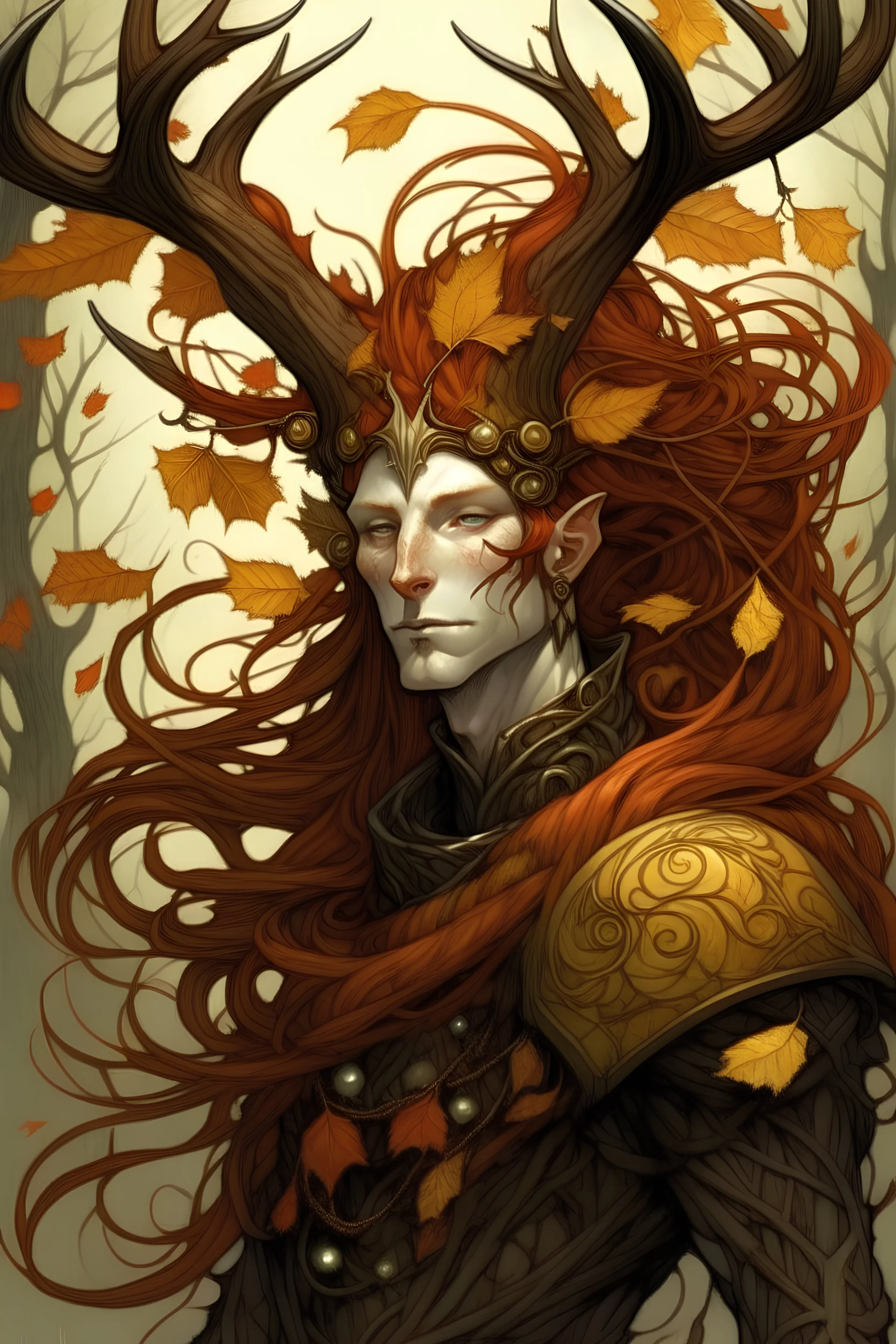 red hair autumn harvest Eladrin Male antlers full leaf beard druid