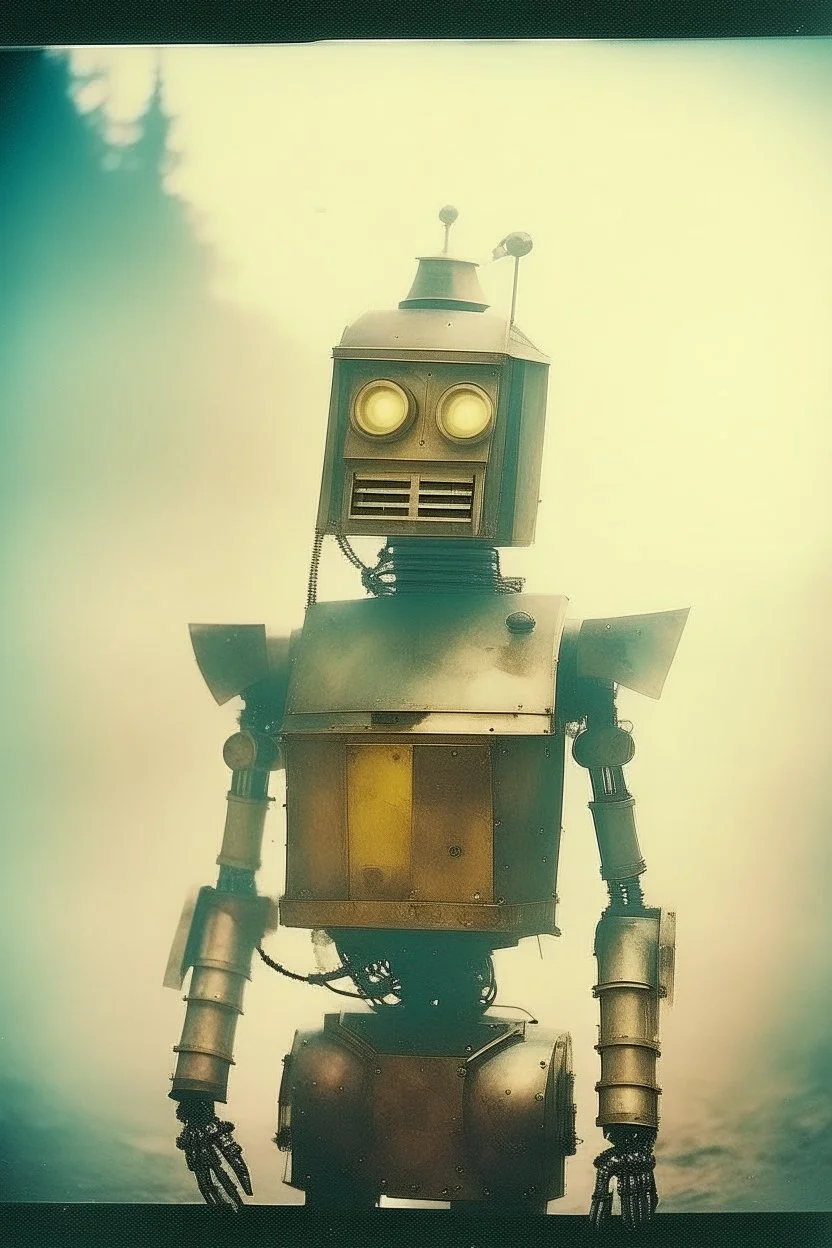 steampunk, vintage analog polaroid of a woman robot, female body, fog, lomography, heavy film grain, sun, color bleed, depth of field, bokeh, retro