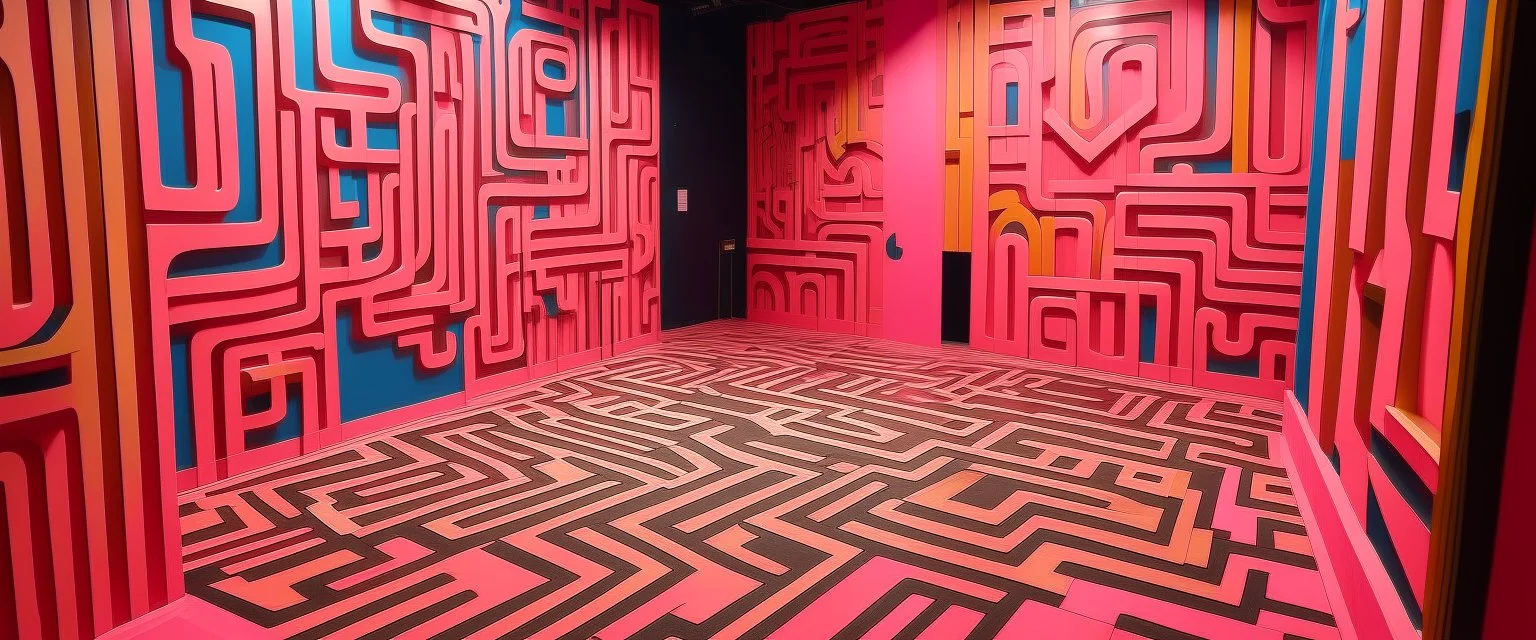A light pink labyrinth with a magical maze painted by Stuart Davis