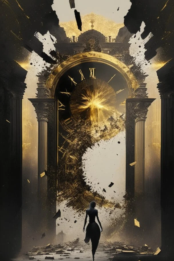 a time gate explodes, a palace, a person, black and gold colour