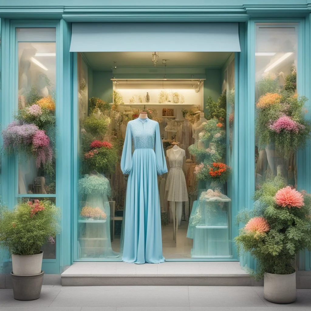 A fashion store in delicate light blue with green decorations, a large window pane with dresses in all bright colors. In front of the store on each side there is a large plant with bright, colorful flowers!No People