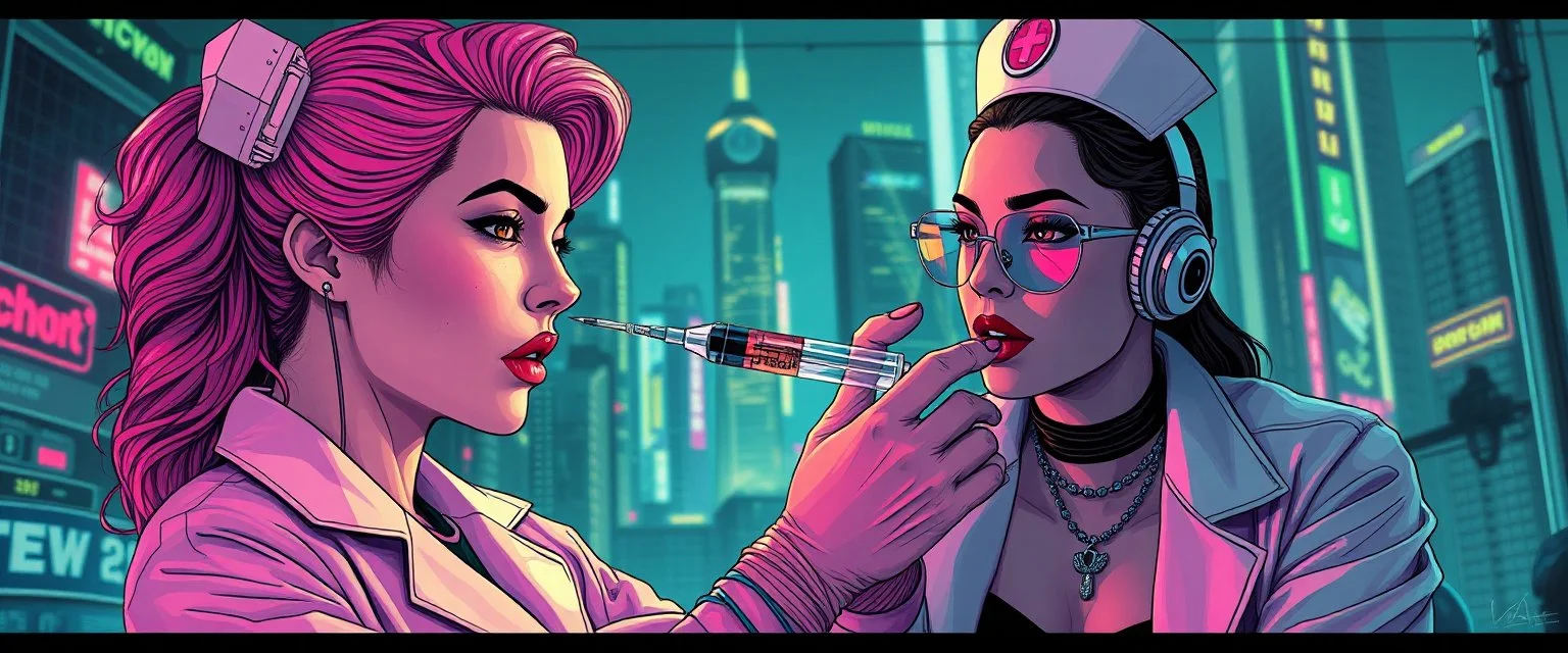cyberpunk mega city fallout 4, airbrush and pen outline, A cinematic, high-end advertisement image for a fictional service called “Posh Meeting with Spice Girl Nurse Glam Fashion Party™”. Split-screen composition with two contrasting emotional states. Mad scientist getting injected.