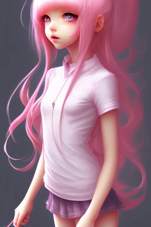 Loli, hands behind back, wholesome, innocent, long pink hair, tilted head