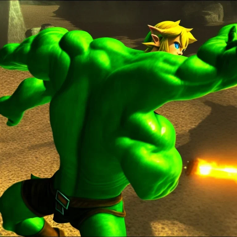 link in zelda fighting the hulk, realistic photo