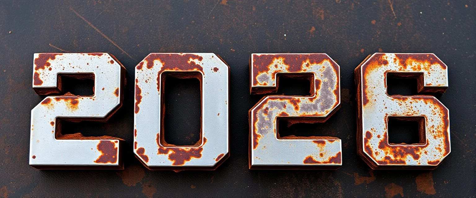 "2026" in squared block letters made of shiny and rusty metal on contrasting background