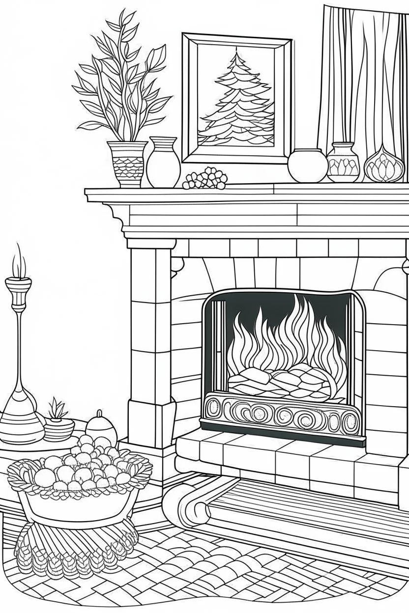 Cozy fireplace scene with stockings hung, clean line art, well outlined, white background, for kids coloring book.