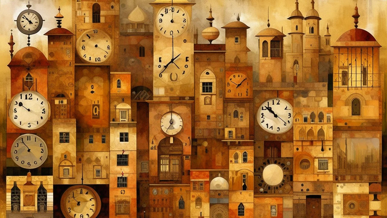 A tan city with clocks painted by Jeffrey Kolker