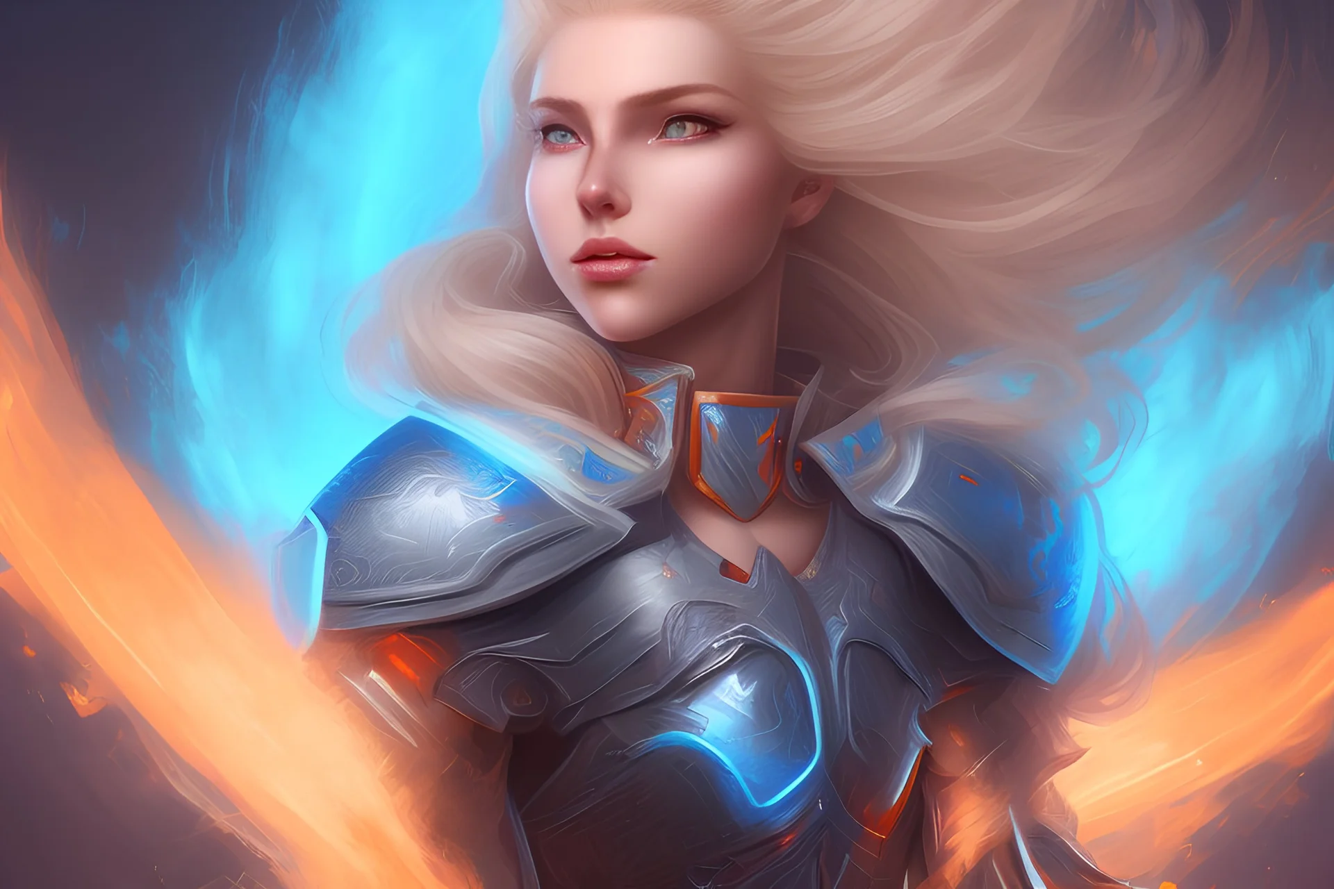 klotho, a awesome blond-hair woman with light superpower in one hand and a blue and light orange "K" letter on her armor, who surrendes death