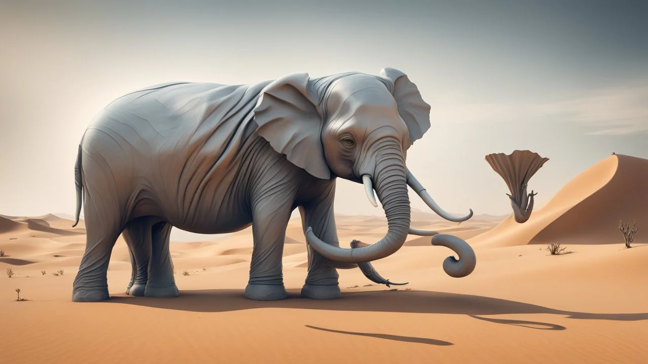 an elephant sculpture in the middle of a desert, a surrealist sculpture by Salvador Dalí, cgsociety, precisionism, biomorphic, 3d, vray