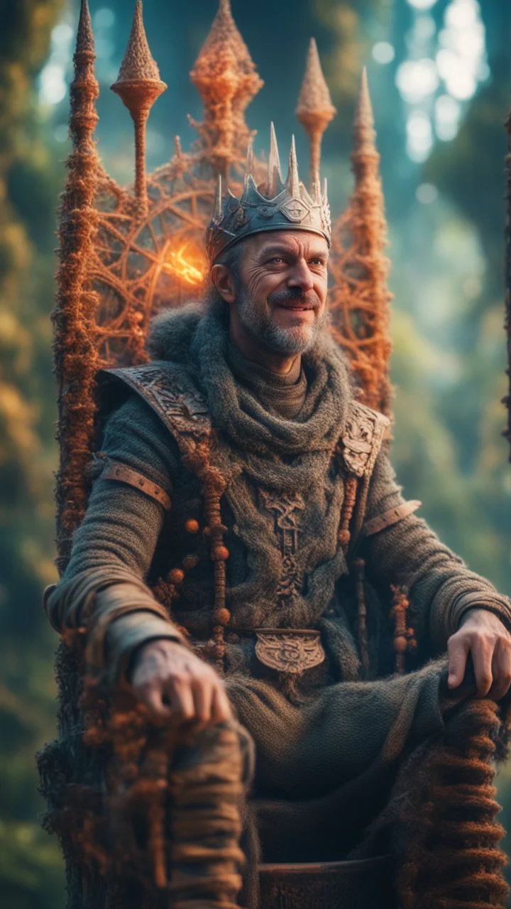 close up portrait of a happy blessed ancient magical king mad max soldier standing on a throne, holding a burning sceptre, in a space alien mega structure with stairs and bridges woven into a sacred geometry knitted tapestry in the middle of lush magic forest, bokeh like f/0.8, tilt-shift lens 8k, high detail, smooth render, down-light, unreal engine, prize winning