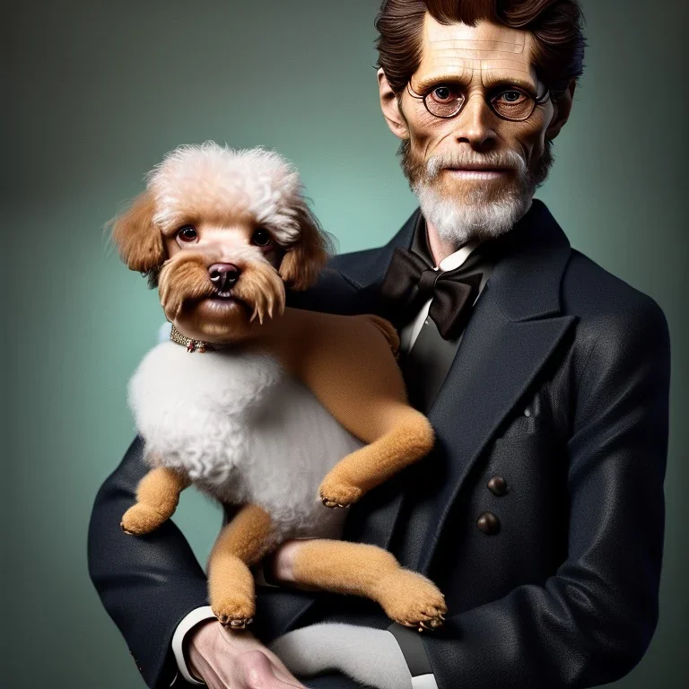 Portrait of an aristocratic Willem Dafoe holding one toy poodle in his arms, 8k, HD, cinematography, photorealistic, Cinematic, Color Grading, Ultra-Wide Angle, Depth of Field, hyper-detailed, beautifully color-coded, insane details, intricate details, beautifully color graded, Cinematic, Color Grading, Editorial Photography, Depth of Field, DOF, Tilt Blur, White Balance, 32k, Super-Resolution, Megapixel, ProPhoto RGB, VR, Halfrear Lighting, Backlight, Na