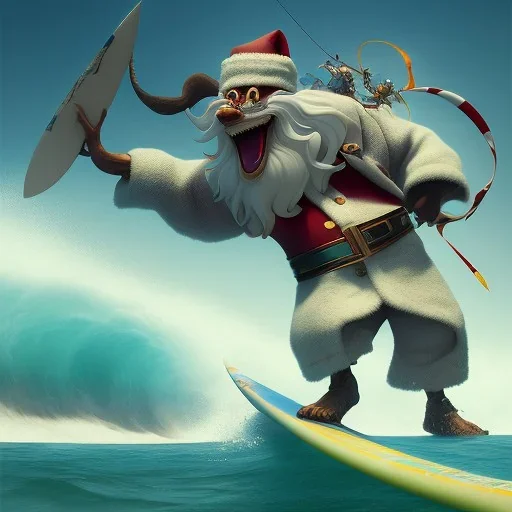 Santa standing of surfboard surfing a big wave, surfboard, beach, character design by cory loftis, fenghua zhong, ryohei hase, ismail inceoglu and ruan jia. unreal engine 5, artistic lighting, highly detailed, photorealistic, fantasy