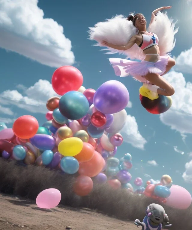 Ultra realistic speed clouds sky scene, wide angle view, cheerleader teenager falling down with many Children background, inflatable monsters, circus dress style, feather color, free jumping flying, many trinkets, hair monster, many jelly beans, balls, color smoke, smile, happy, extreme, wind, clouds sea, 20,000 feet altitude, stratosphere, soft color, highly detailed, unreal engine 5, ray tracing, RTX, lumen lighting, ultra detail, volumetric lighting, 3d, finely drawn, high definition.