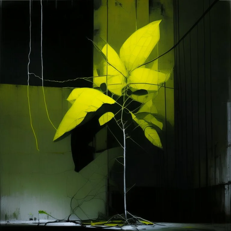 Minimal abstract oil painting of a large leaf plant in concrete warehouse brutalist architecture and hanging wires illuminated at night. With triadic yellow colours. In the style of Justin Mortimer and Phil Hale, Ashley Wood