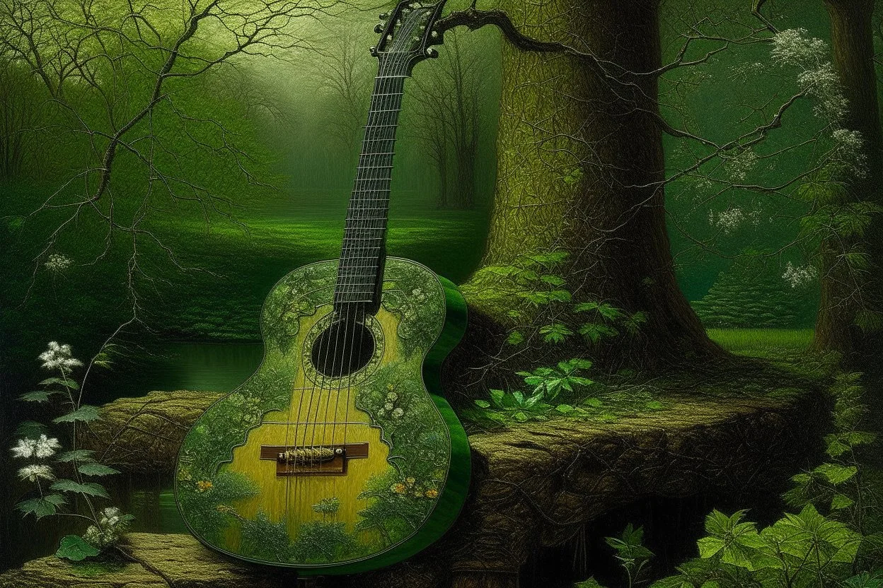 A green nature guitar painted by John Atkinson Grimshaw