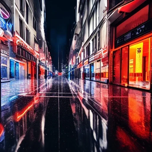 Cyberpunk street view in night , paris , rain, ground reflection