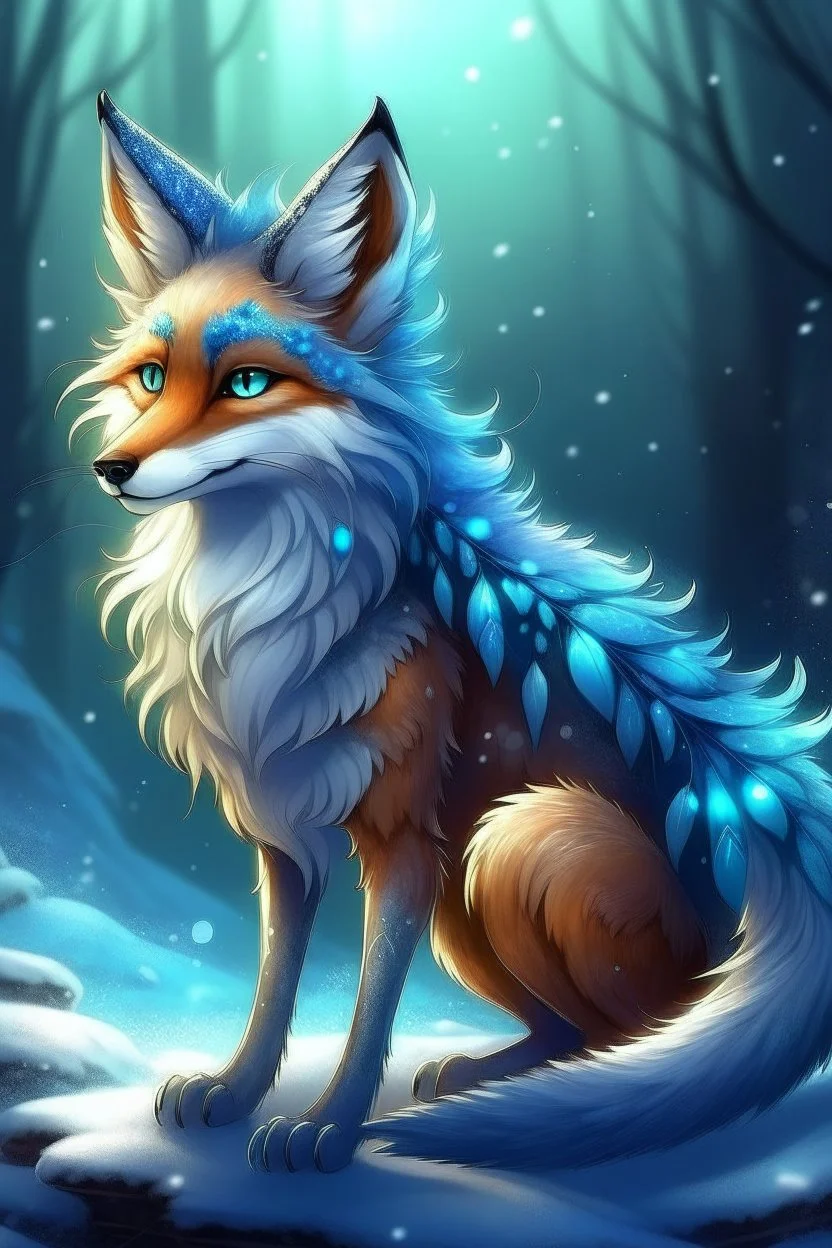 Fable Glimmerfox has a sleek and graceful body, covered in soft, shimmering fur that changes color depending on her mood or surroundings. Her eyes are large and expressive, reflecting the magic and mystery of the Feywild, as she glides with a Grace of nobility among the Winter Court of the Fey